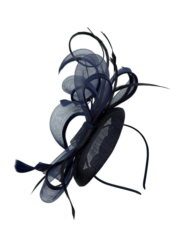 Round Pill Box Fascinator with Bow & Feathers in Navy - svnx