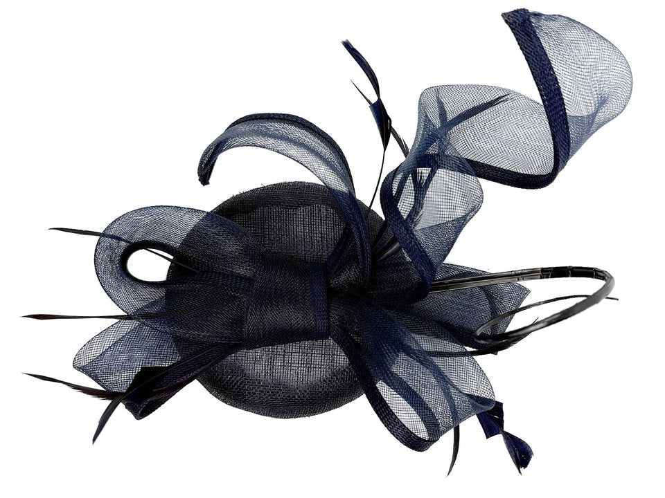 Round Pill Box Fascinator with Bow & Feathers in Navy - svnx