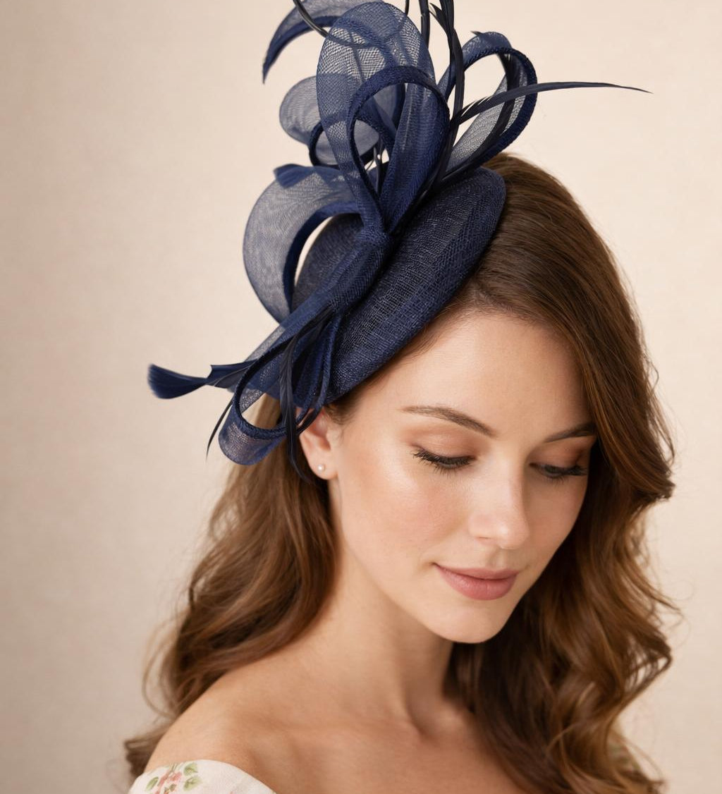 Round Pill Box Fascinator with Bow & Feathers in Navy - svnx