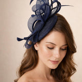 Round Pill Box Fascinator with Bow & Feathers in Navy - svnx