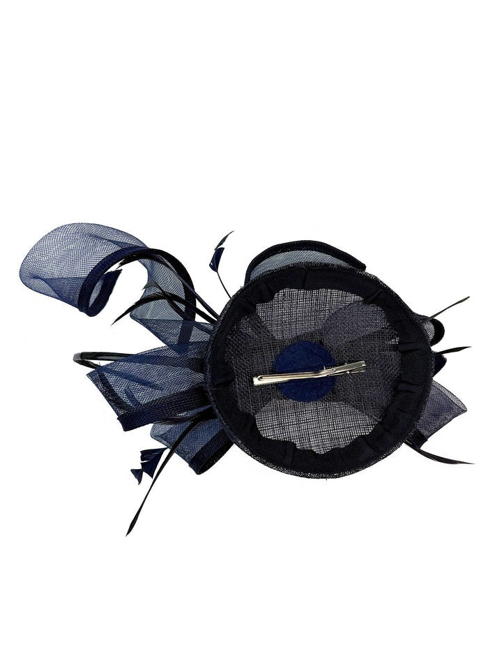 Round Pill Box Fascinator with Bow & Feathers in Navy - svnx