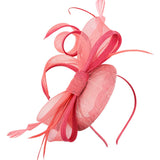 Round Pill Box Fascinator with Bow & Feathers in Coral - svnx