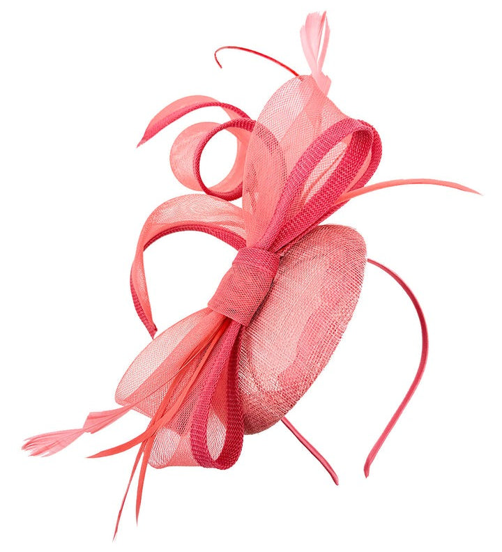 Round Pill Box Fascinator with Bow & Feathers in Coral - svnx