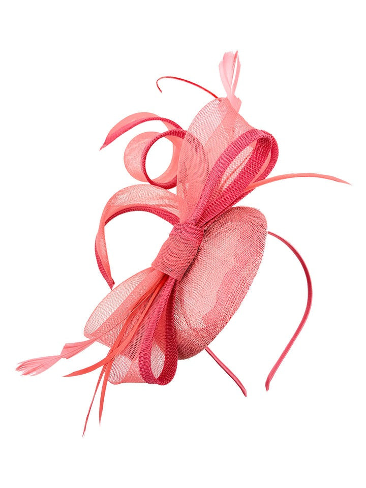 Round Pill Box Fascinator with Bow & Feathers in Coral - svnx