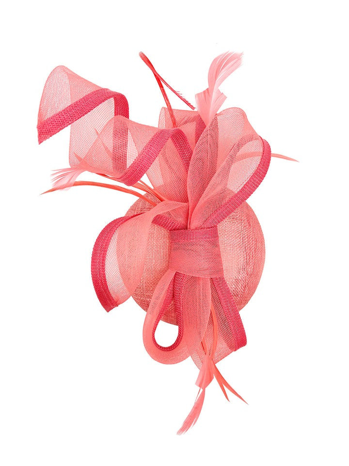 Round Pill Box Fascinator with Bow & Feathers in Coral - svnx