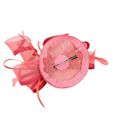 Round Pill Box Fascinator with Bow & Feathers in Coral - svnx