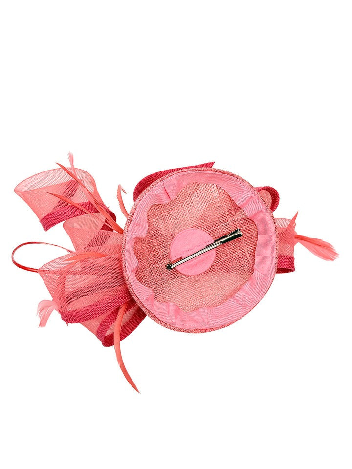 Round Pill Box Fascinator with Bow & Feathers in Coral - svnx