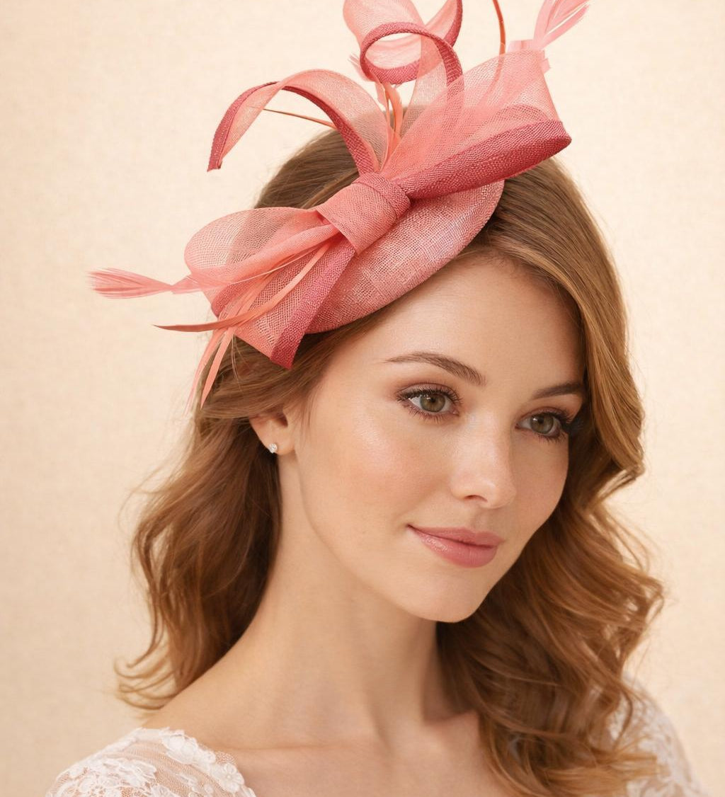 Round Pill Box Fascinator with Bow & Feathers in Coral - svnx