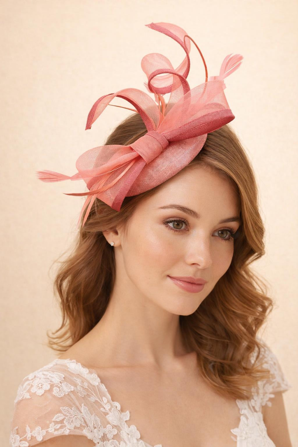 Round Pill Box Fascinator with Bow & Feathers in Coral - svnx