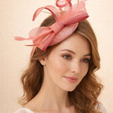 Round Pill Box Fascinator with Bow & Feathers in Coral - svnx