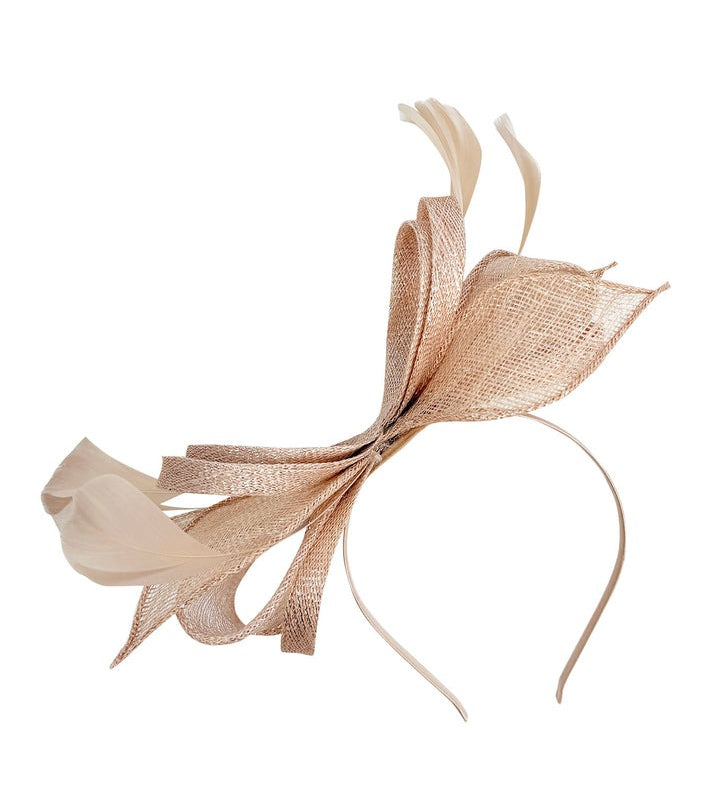 Bow Shaped Fascinator with Sinamay Curls & Feathers in Nude - svnx