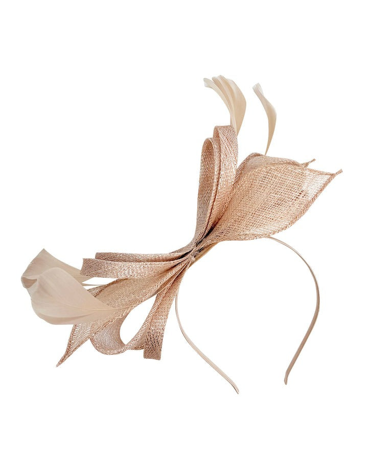 Bow Shaped Fascinator with Sinamay Curls & Feathers in Nude - svnx