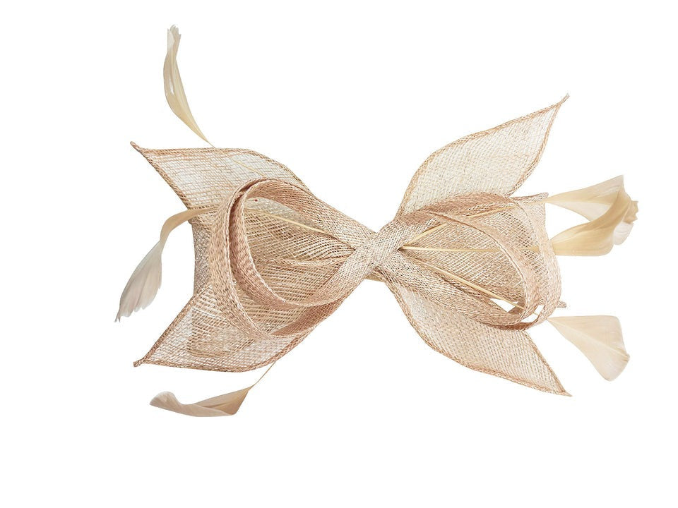 Bow Shaped Fascinator with Sinamay Curls & Feathers in Nude - svnx