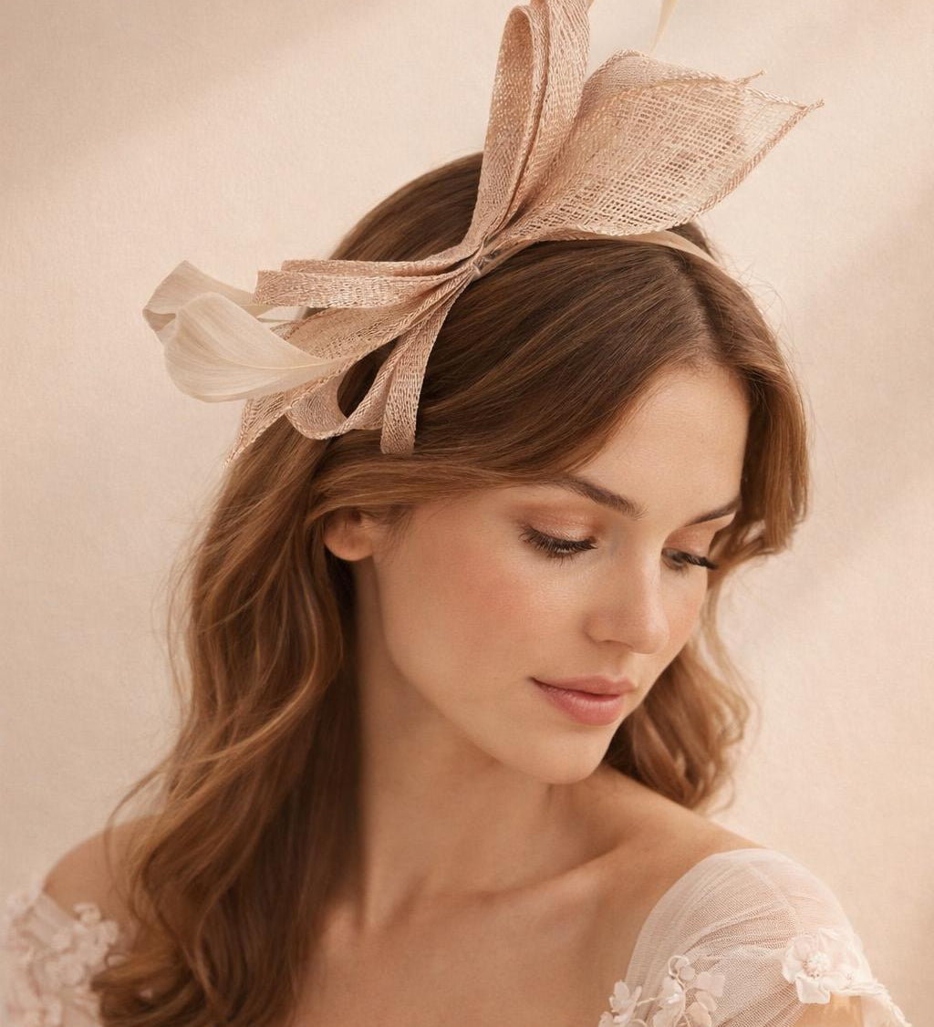 Bow Shaped Fascinator with Sinamay Curls & Feathers in Nude - svnx