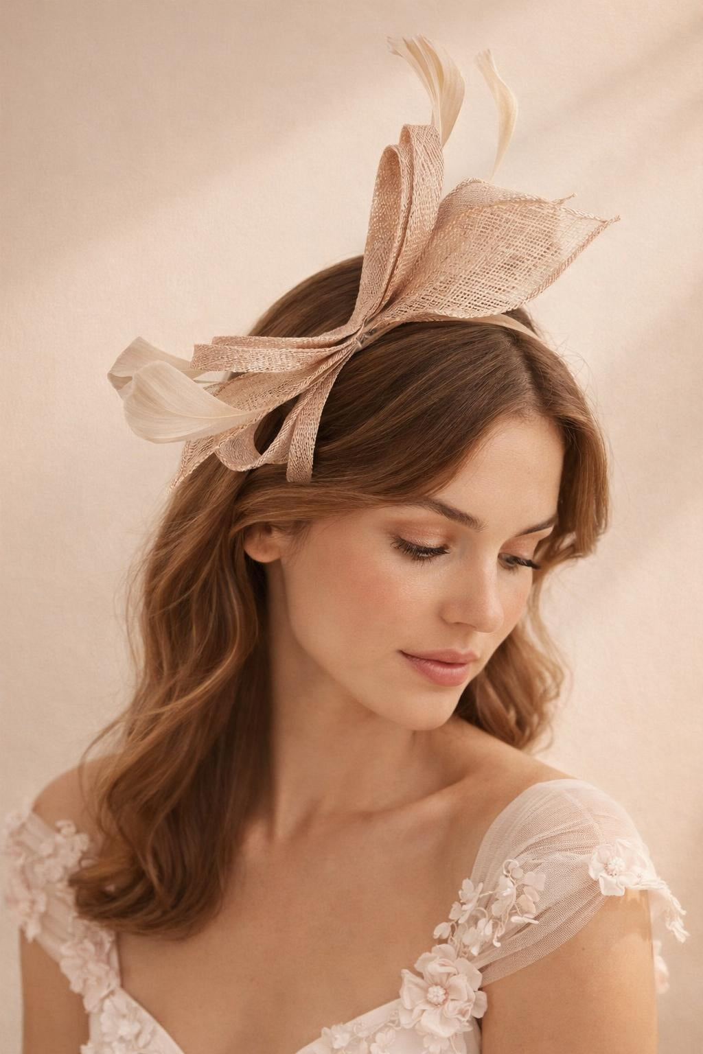 Bow Shaped Fascinator with Sinamay Curls & Feathers in Nude - svnx