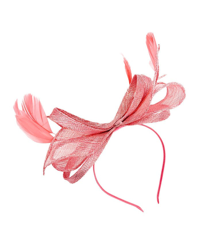 Bow Shaped Fascinator with Sinamay Curls & Feathers in Pink - svnx