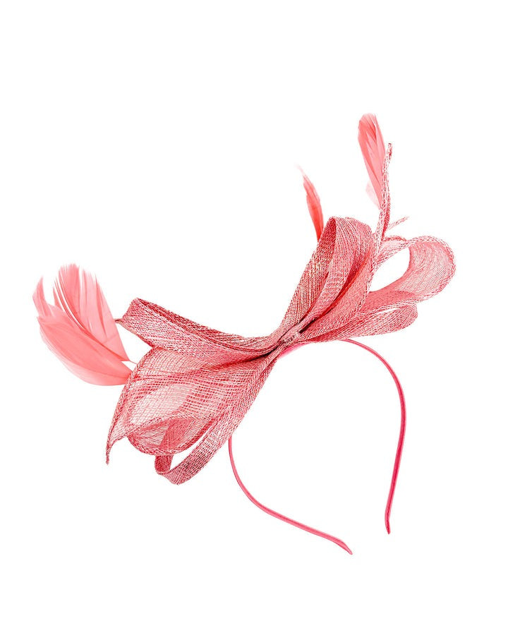 Bow Shaped Fascinator with Sinamay Curls & Feathers in Pink - svnx