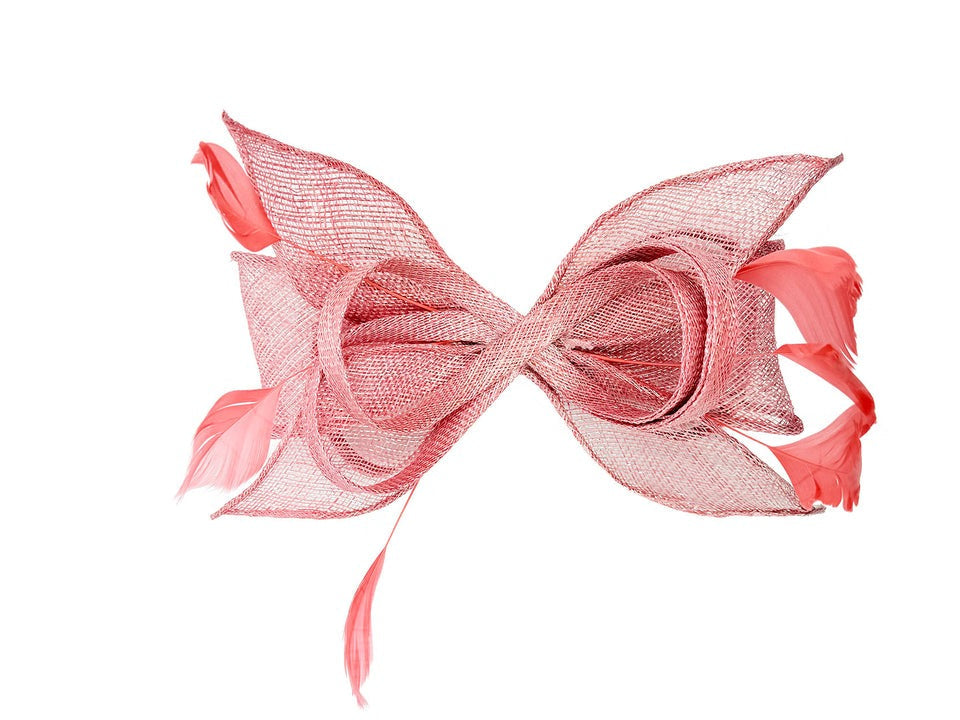 Bow Shaped Fascinator with Sinamay Curls & Feathers in Pink - svnx