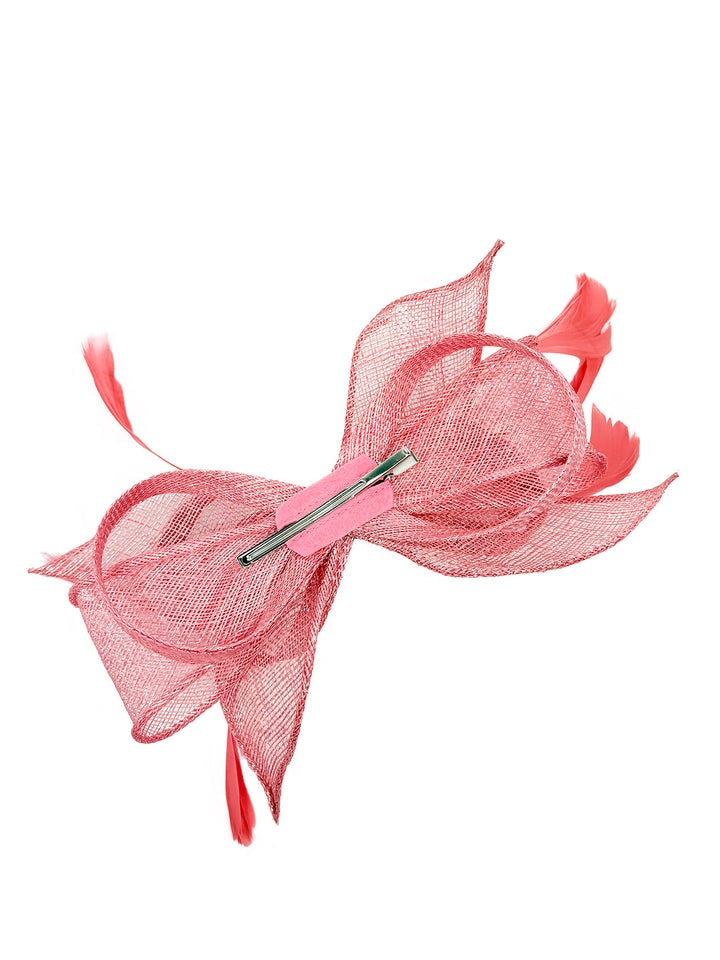 Bow Shaped Fascinator with Sinamay Curls & Feathers in Pink - svnx