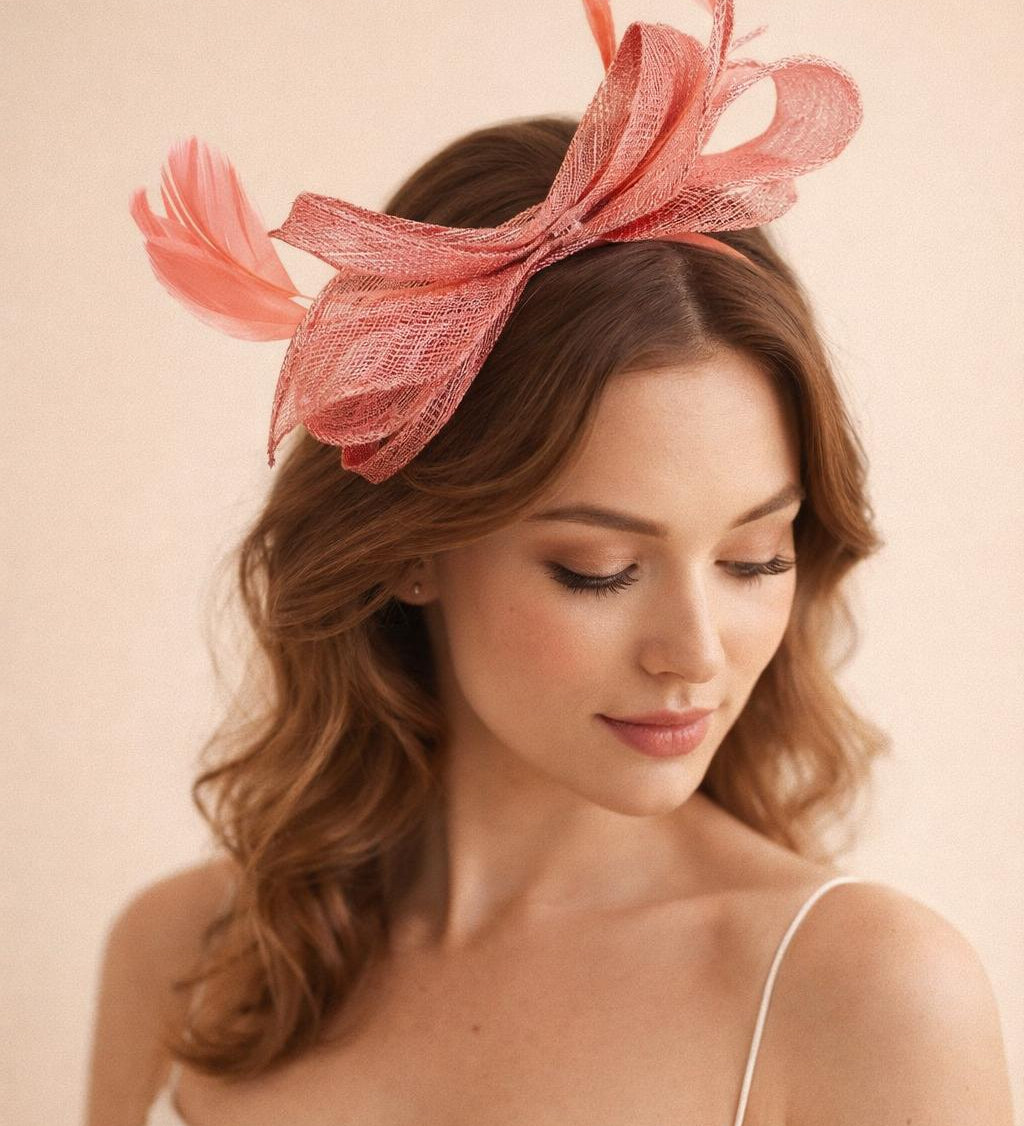 Bow Shaped Fascinator with Sinamay Curls & Feathers in Pink - svnx