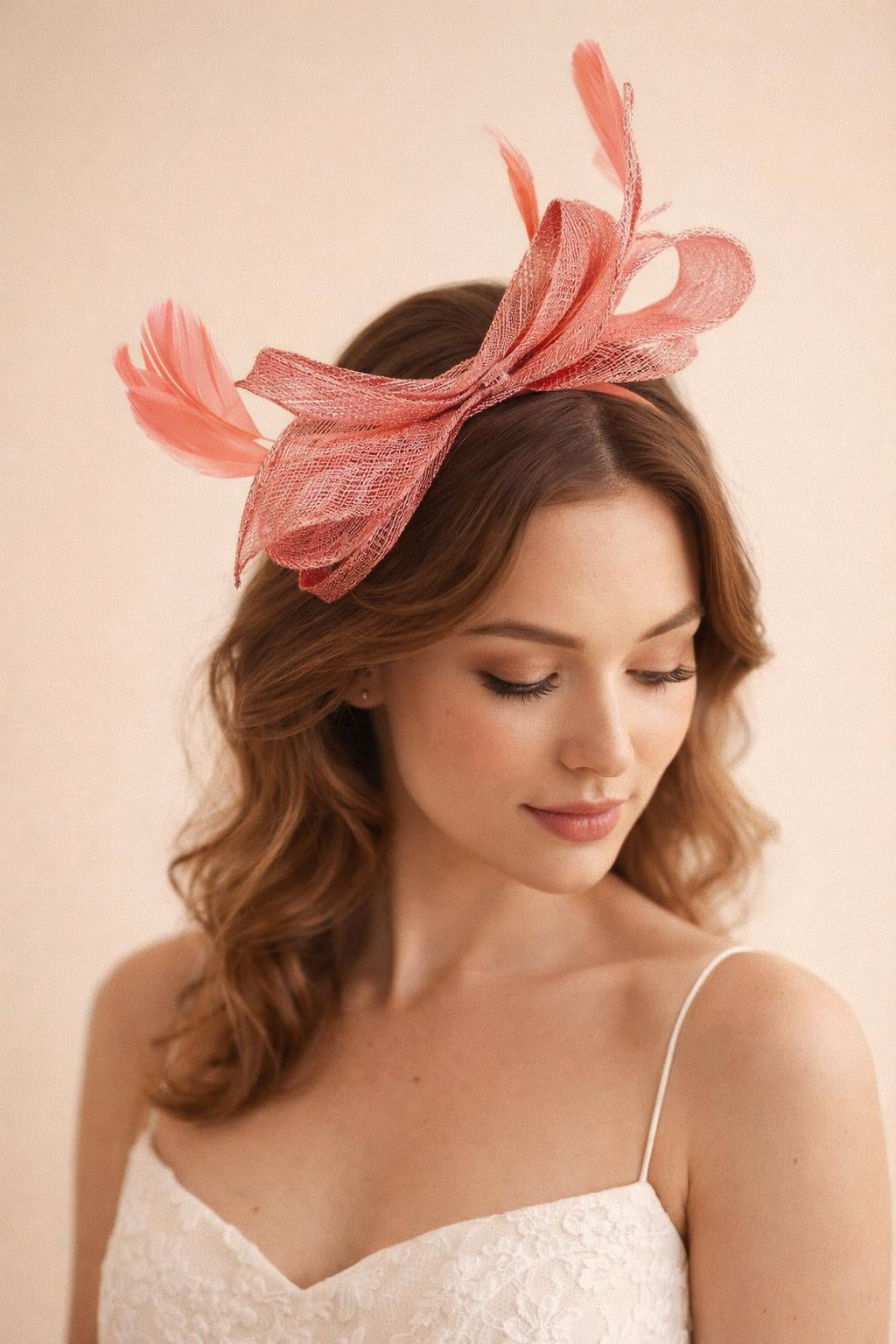 Bow Shaped Fascinator with Sinamay Curls & Feathers in Pink - svnx