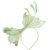 Bow Shaped Fascinator with Sinamay Curls & Feathers in Pastel Green - svnx