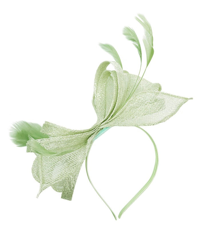 Bow Shaped Fascinator with Sinamay Curls & Feathers in Pastel Green - svnx