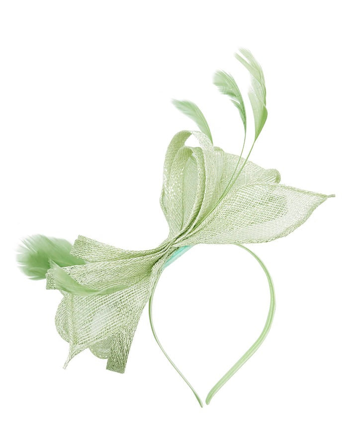 Bow Shaped Fascinator with Sinamay Curls & Feathers in Pastel Green - svnx
