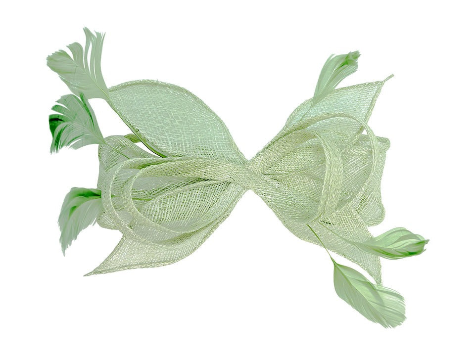 Bow Shaped Fascinator with Sinamay Curls & Feathers in Pastel Green - svnx