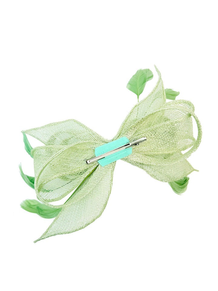 Bow Shaped Fascinator with Sinamay Curls & Feathers in Pastel Green - svnx