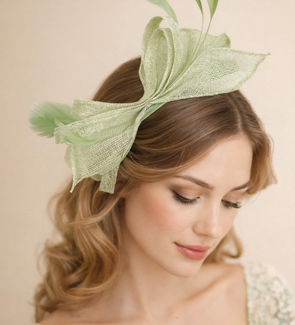 Bow Shaped Fascinator with Sinamay Curls & Feathers in Pastel Green - svnx