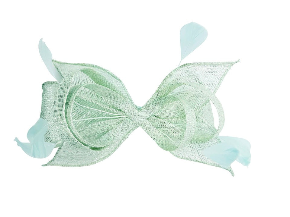 Bow Shaped Fascinator with Sinamay Curls & Feathers in Mint Blue - svnx