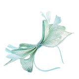 Bow Shaped Fascinator with Sinamay Curls & Feathers in Mint Blue - svnx
