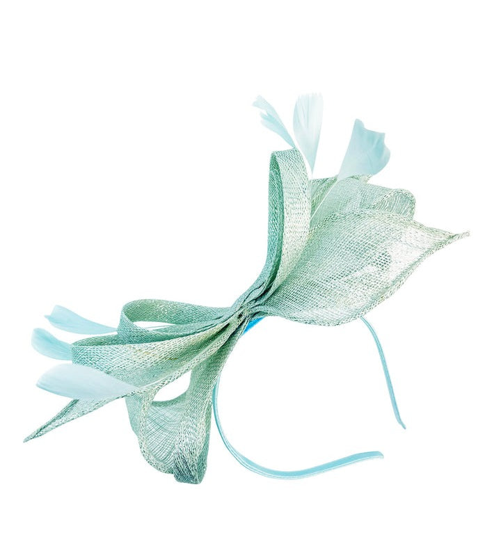 Bow Shaped Fascinator with Sinamay Curls & Feathers in Mint Blue - svnx