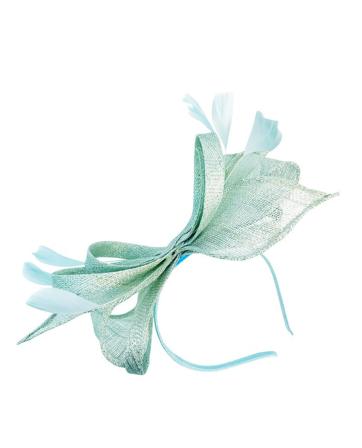 Bow Shaped Fascinator with Sinamay Curls & Feathers in Mint Blue - svnx