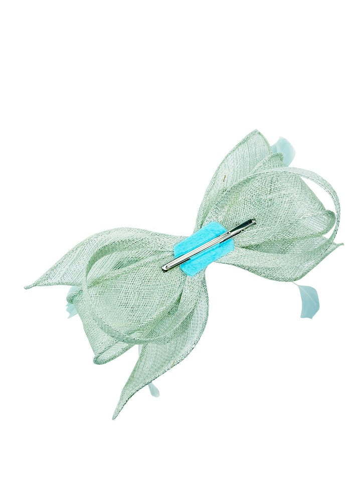 Bow Shaped Fascinator with Sinamay Curls & Feathers in Mint Blue - svnx