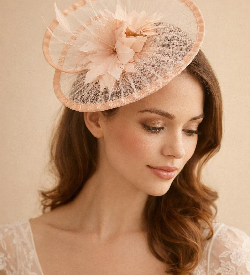 Spiral Circular Brim Fascinator with Feathers Burst in Pink - svnx