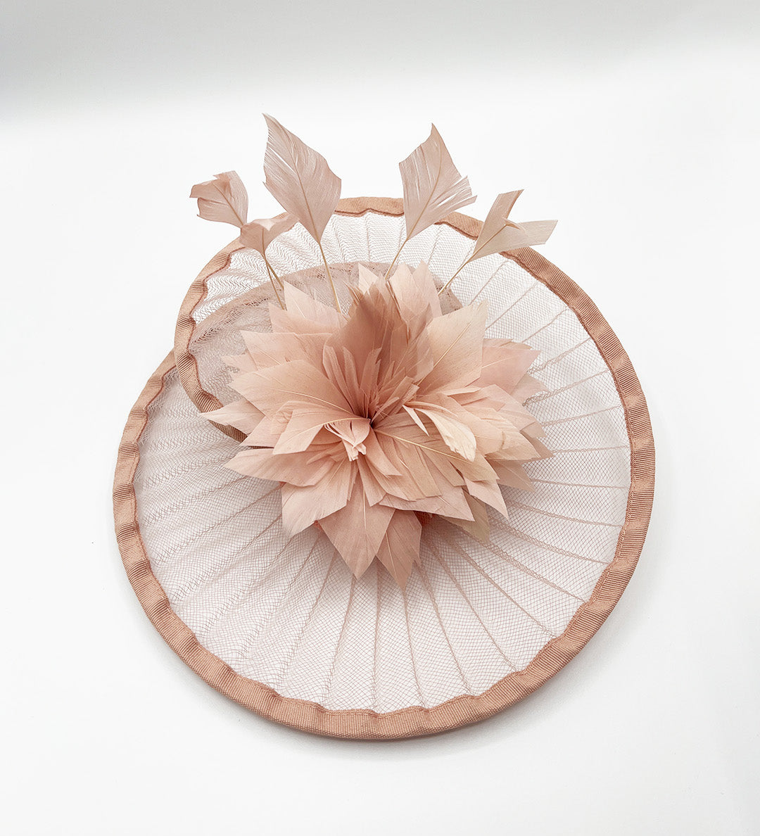 Spiral Circular Brim Fascinator with Feathers Burst in Pink - svnx