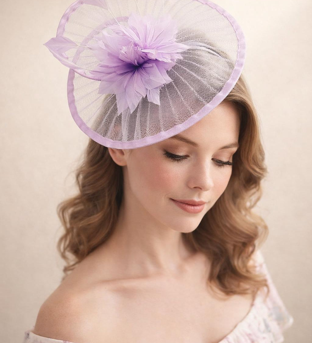 Spiral Circular Brim Fascinator with Feathers Burst in Lilac - svnx