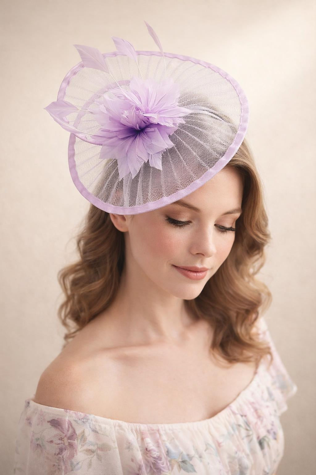 Spiral Circular Brim Fascinator with Feathers Burst in Lilac - svnx