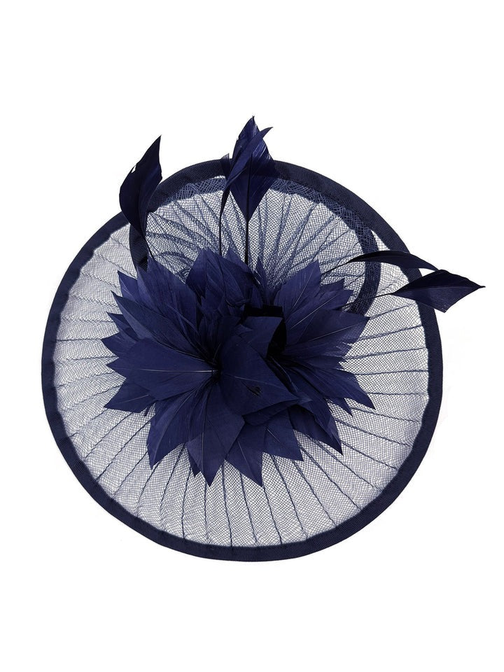 Spiral Circular Brim Fascinator with Feathers Burst in Navy - svnx