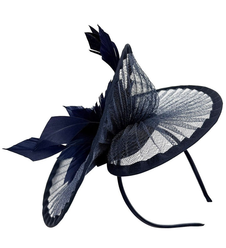 Spiral Circular Brim Fascinator with Feathers Burst in Navy - svnx