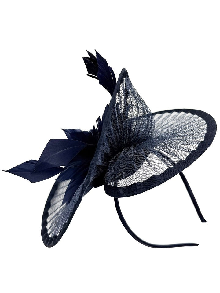 Spiral Circular Brim Fascinator with Feathers Burst in Navy - svnx