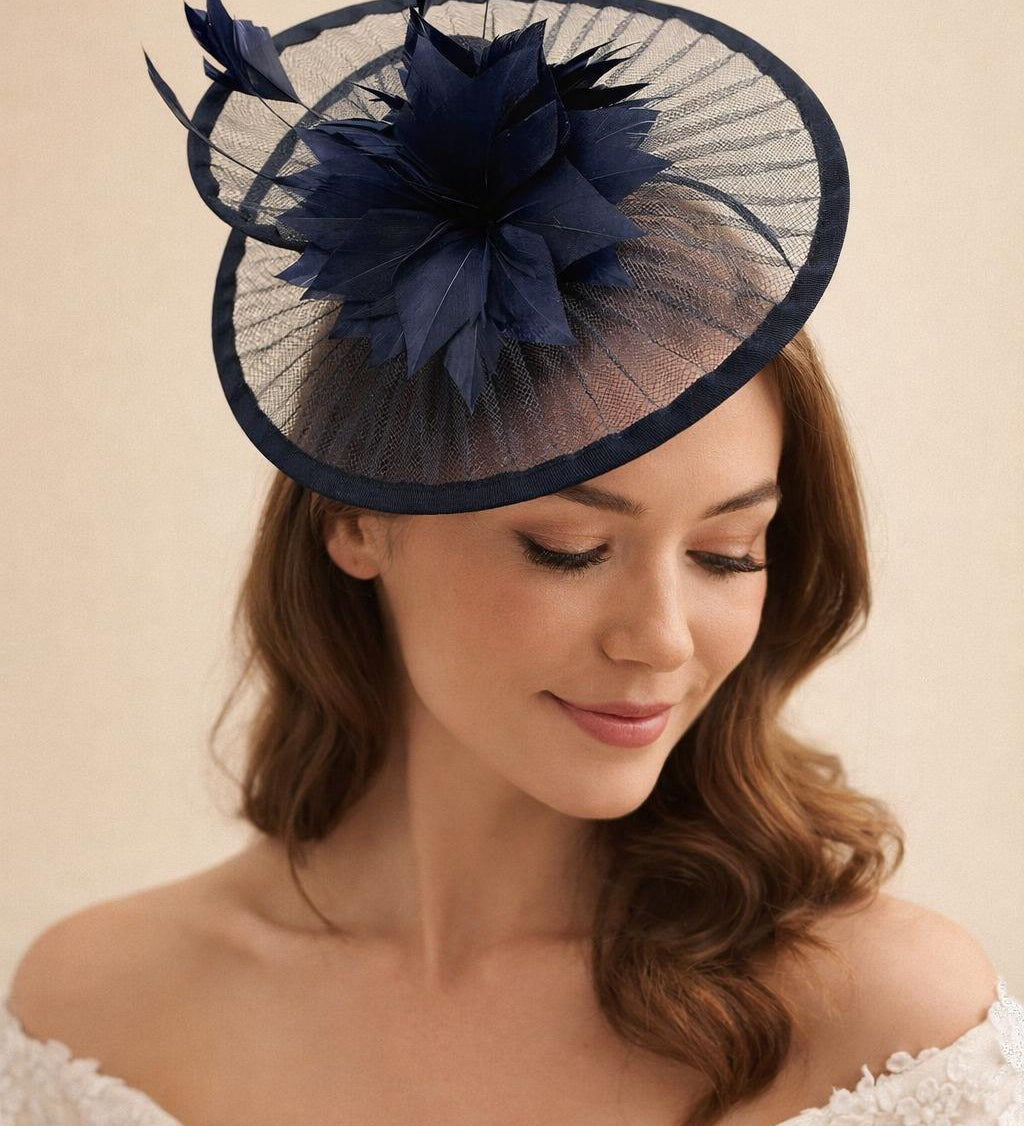 Spiral Circular Brim Fascinator with Feathers Burst in Navy - svnx