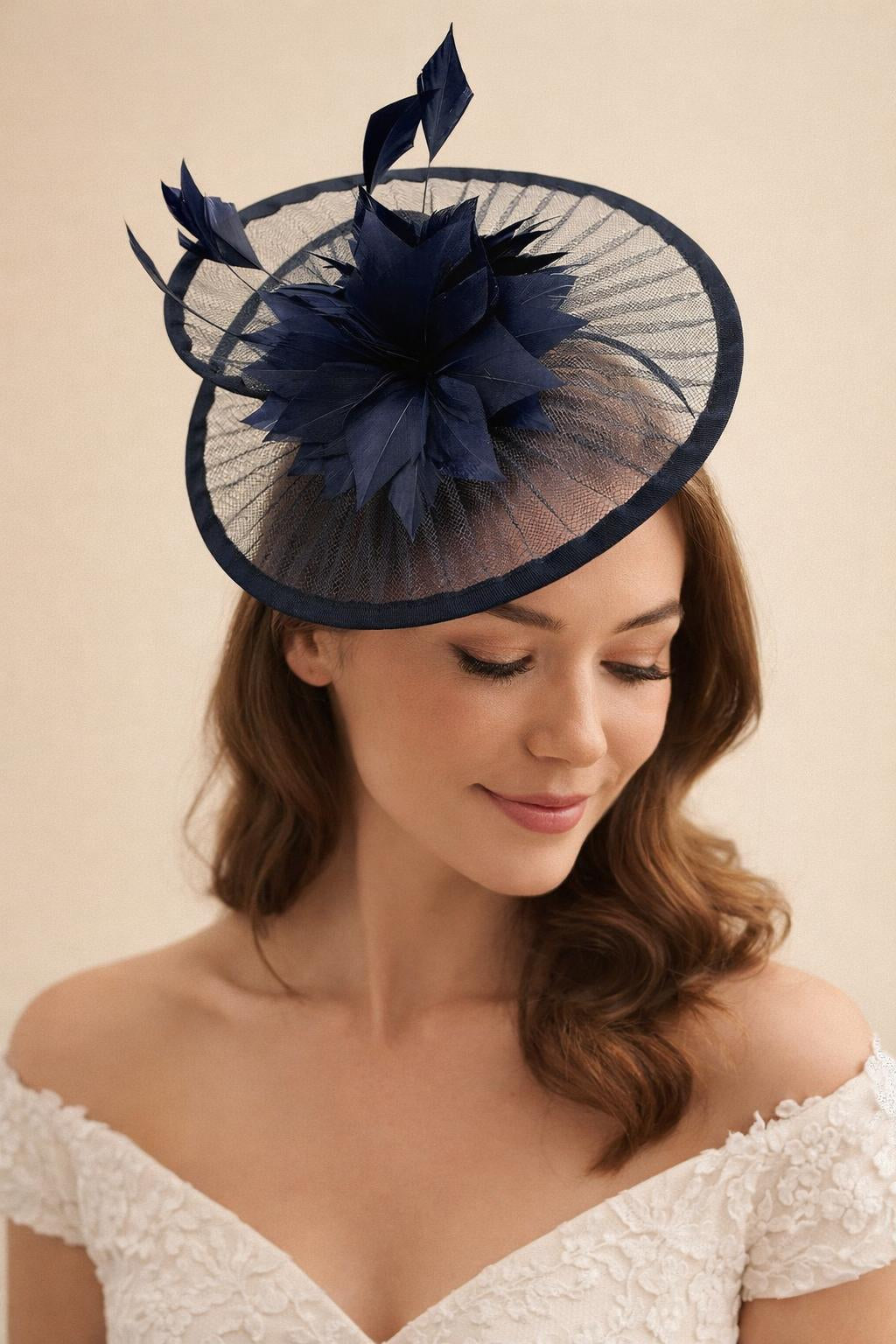 Spiral Circular Brim Fascinator with Feathers Burst in Navy - svnx