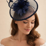 Spiral Circular Brim Fascinator with Feathers Burst in Navy - svnx