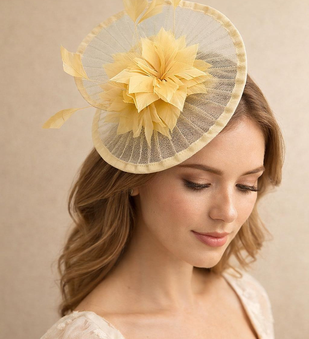 Spiral Circular Brim Fascinator with Feathers Burst in Beige - svnx