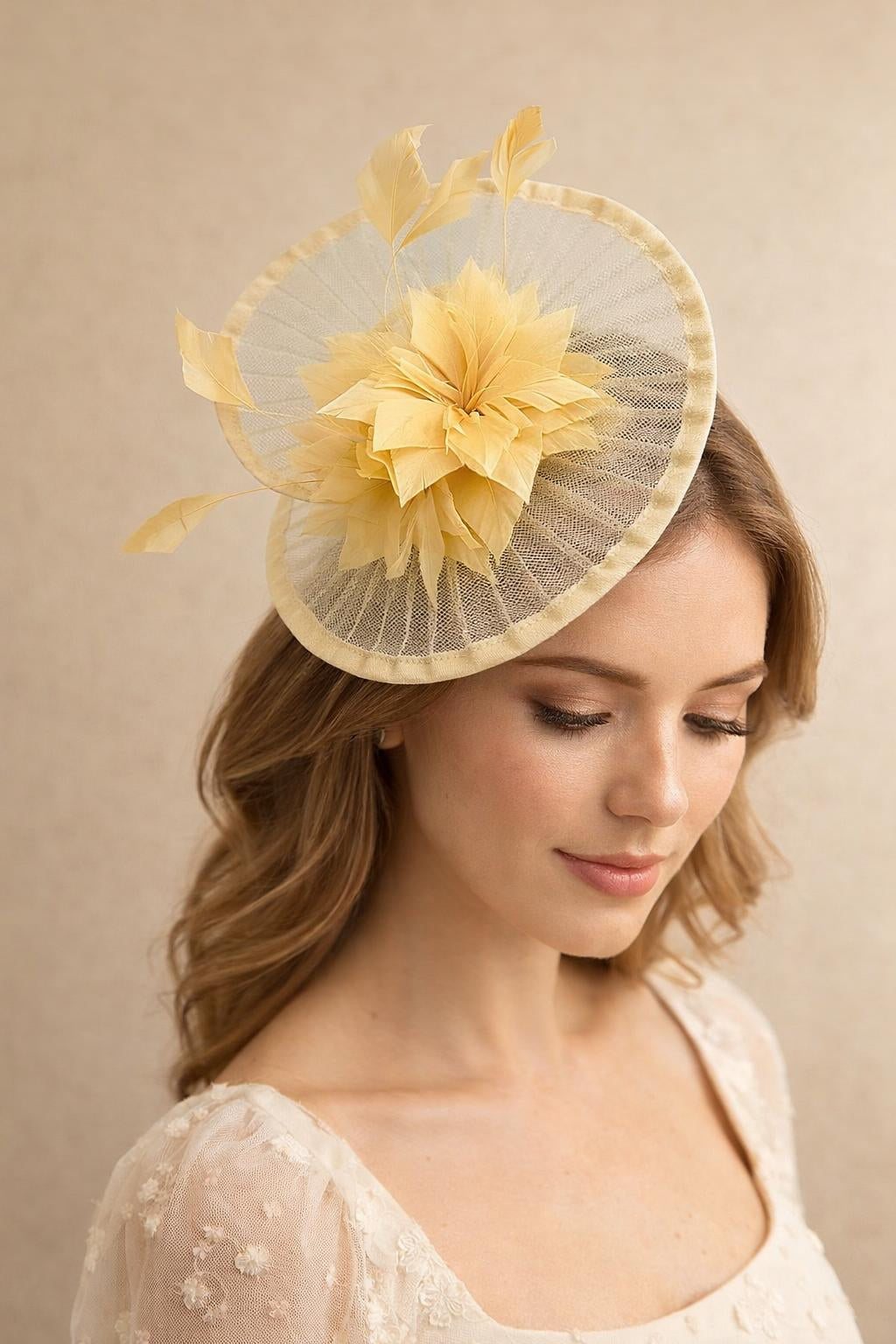 Spiral Circular Brim Fascinator with Feathers Burst in Beige - svnx