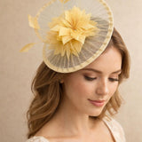 Spiral Circular Brim Fascinator with Feathers Burst in Beige - svnx