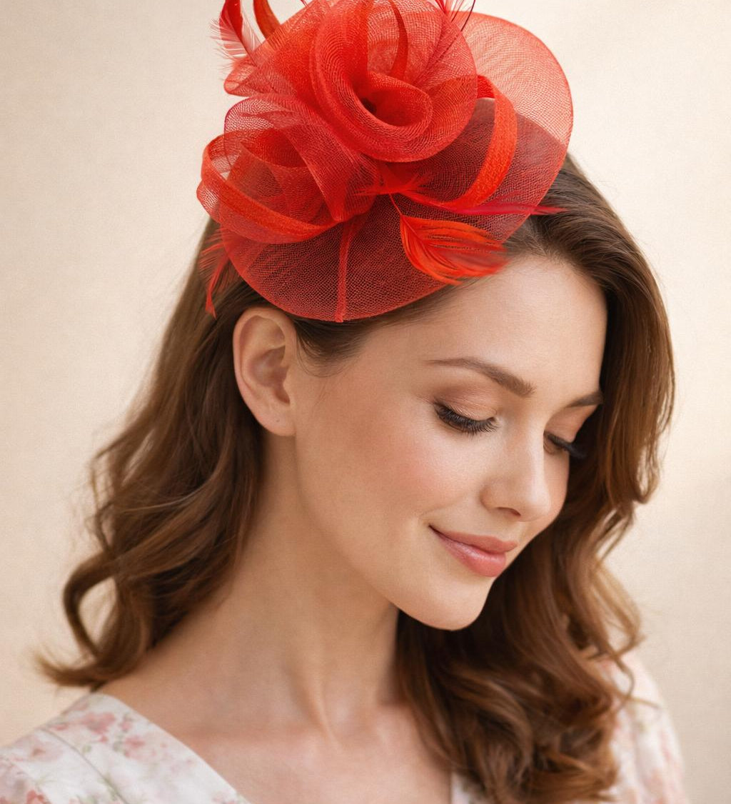 Floral Fascinator with A Wide Base in Red - svnx